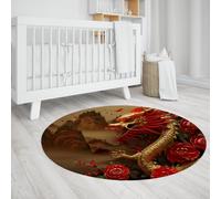 TOANGWALL Retro Style Round Rugs 80cm Chinese Red Peony and Golden Dragon Non-Slip Low-Pile Throw Circle Carpet for Bedroom Sofa Conference Room
