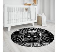 TOANGWALL Round Rugs 170cm Cute Cat Washable Non-Slip Fun Play Carpet Black and White Retro Style for Classroom Toddler Nursery Room Decorative Mats