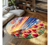 TOANGWALL Seaside Scenery Round Rug 80cm Sunrise Sea Tulips Print Washable Non Slip Low Pile Foldable Throw Circle Carpet for Bedroom Deck Patio