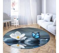 TOANGWALL Spa Round Rugs 70cm Blue Butterfly White Flower Zen Pattern Large Non Slip Foldable Stain Resistant Washable Circle Carpet for Bathroom Bedroom
