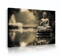 TOANGWALL Stone Buddha Statue Canvas Wall Art Framed Buddhist Painting Beautiful Gold Water Reflection Pictures print for Living Room Lounge Decor 30x45cm