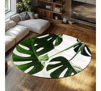 TOANGWALL Tropical Botanical Washable Round Rug 110cm Green Monstera Leaf Pattern Non Slip Low Pile Circle Carpet for Kitchen Bedroom Living Room Dining Room