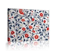 TOANGWALL Vibrant Red Blossom Canvas Painting Navy Blue Vine Poster Cottagecore Indigo Leaf Retro Botanical Picture Wall Art for Apartment Decor 70x100cm