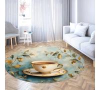 TOANGWALL Vintage Coffee Cup Round Rugs 180cm Thin Circle Mat Machine Washable Non Slip Easy Clean Botanical Leaf Circular Carpet for Kitchen Dining Room