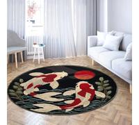 TOANGWALL Vintage Embroidery style Koi Fish Round Rug 160cm Foldable Low Pile Thin Stain Resistant Circular Rugs Japanese Art Floor Carpet For Home Office Hallway Non Slip Washable Throw Mat