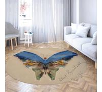 TOANGWALL Vintage Style Round Rugs 120cm Blue Butterfly Print Washable Non-slip Soft Low-Pile Throw Circle Carpet for Bedroom Conference Room Dining