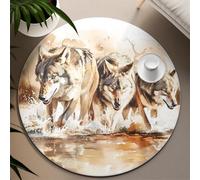 TOANGWALL Watercolor Style Round Rug 100cm Wolves Crossing the River Print Nursery Non-Slip Circle Carpet Indoor Washable Door Mat for Mudroom Apartment