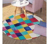 TOANGWALL Watercolor Style Round Rug 140cm Colorful Geometric Squares Non Slip Low Pile Circle Carpet for Kitchen Bedroom Living Room Dining Room