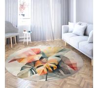 TOANGWALL Watercolor Style Round Rugs 130cm Abstract Geometric Leaf Pattern Washable Non-slip Low-Pile Throw Circle Carpet for Living Room Guest Room