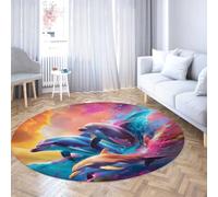 TOANGWALL Watercolor Style Round Rugs 80cm For Nursery Room Dolphins Leaping from the Sea Print Machine Washable Circle Carpet for Laundry Room Dining