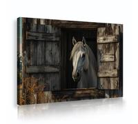 TOANGWALL White Horse Canvas Wall Art Rustic Stable Window View Animal Print Pictures Farmhouse Style Mural Posters Painting for Living Room Decor 80x120cm