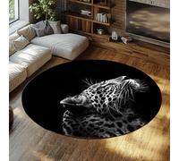 TOANGWALL Wild Animal Close up Round Rugs 170cm Black and White Style Leopard Pattern Washable Non Slip Low Pile Thin Carpet for Classroom Toddler Nursery