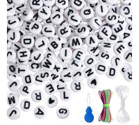 TOAOB 1000 Pieces Alphabet Letter Beads for Bracelets White Acrylic with Black Letters 7 mm Flat Round Bead and 2 Styles of Elastic Thread for Bracelets Necklaces Jewellery DIY