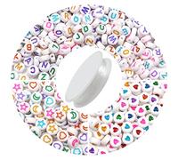 TOAOB 1000pcs Letter Beads Kit White Round Acrylic Alphabet Beads A to Z Colourful Heart Star Moon Flower Beads 7mm with Crystal Wire for DIY Necklace Bracelet Jewellery Making