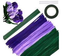 TOAOB 200pcs Pipe Cleaners for Craft Flowers Tulips Bouquets Making Kit with Green Floral Wires Floral Tape 30cm Long Purple Chenille Stems for DIY Art Home Projects Decorations