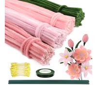TOAOB 200pcs Pipe Cleaners Pink Bouquets Making Kit Thick Flexible Chenille Stems with Flower Stamens Green Florist Wire for Flower Art and Craft Projects DIY Decorations