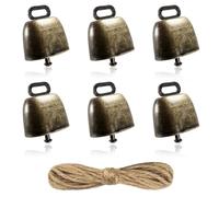 TOAOB 6pcs Cow Horse Sheep Bells Farm Animals Anti Losted Vintage 35mm Metal Small Bronze Bells Loud Long Distance with 5m Jute Rope for Cattle Goat and Crafts Decoration