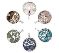 TOAOB 6pcs Tree of Life Charms Natural Gemstone Pendant for Jewellery Making Mixed Colors Metal Frame Hollow Round Charms for DIY Necklace Bracelet Earring Craft Supplies