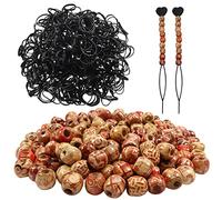 TOAOB 702pcs Wooden Hair Beads Set Including 200pcs Different Drawing Styles Barrel Wood Beads and 500pcs Black Elastic Rubber Bands with 2pcs Quick Beader for DIY Jewelry Making Hair Accessories