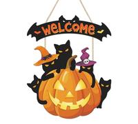 TOARTi 2Pcs Halloween Welcome Front Door Signs Black Cats Welcome Wall Signs Vintage Pumpkin Wall Hanging Bats Wood Sign Halloween Cats Hanging Decor for Porch Outdoor Party Decorations