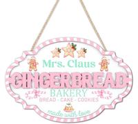 TOARTi 3D Mrs Claus Gingerbread Bakery Wooden Sign(11.4”x7.6”),Pink Christmas Bakery Wall Hanging Sign,Winter Party Candy Canes Cake Cookies Door Decor for Front Door Home Office Shop