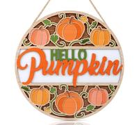 TOARTi 3D Pumpkin Hello Fall Front Door Sign Hanging(11.4''x11.4''), Rustic Autumn Hello Pumpkin Wall Sign Hanger, Farmhouse Fall Harvest Wooden Wall Decor for Porch Backyard