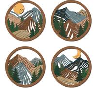 TOARTi 4Pcs Boho Mountain Wooden Wall Art,Abstract Sun Moon Pine Tree Wall Decor,Natural Mountain Landscape Artwork,Minimalist Geometric Forest Hanging Sign for Farmhouse Living Room Bedroom Office