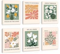 TOARTi 6Pcs Matisse Flowers Market Framed Canvas Wall Art, Boho Sage Green Inspirational Positive Quote Poster Prints, Colorful Wildflower Botanical Artwork for Teen Girl Bedroom Home (8" X 10")