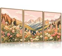 TOARTi Abstract Colorful Mountain Framed Canvas Wall Art,Boho Pink Flower Wall Decor, Nature Wildflower Wall Painting,Bohemian Artwork for Living Room,Bedroom,Dining Room,Office -12x16inchx3