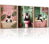 TOARTi Bathroom black cat Framed Canvas Wall Art Set,Funny Bathroom Wall Decor,Pink and green Toilet Artwork Black Cat Toilet Wall Painting,Tropical Art Prints For Living Room Bedroom Office,12x16inch