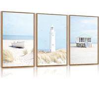 TOARTi Blue Coastal Framed Canvas Wall Art Beach Landscape Set Modern Minimalist Seaside Print Ocean Posters Light Blue and White Nautical Decor for Living Room Bedroom 12x16inchx3