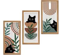 TOARTi Boho Black Cat Wall Decor, Farmhouse Geometric Hanging Wooden Wall Art,3 Pcs 8”X16” Mid Century Bohemian Abstract Moon and Sun Wood Sign for Nursery Bedroom Decoration, Lovely Cat Gifts