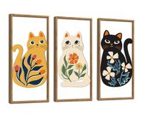 TOARTi Boho Cat Wall Decor,Farmhouse Geometric Hanging Wooden Wall Art,3 Pcs 8”X16” Mid Century Bohemian Abstract Flower Wood Sign for Nursery Bedroom Decoration, Lovely Cat Gifts