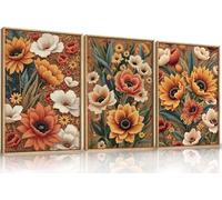 TOARTi Boho Flower Botanical Framed Canvas Wall Art,Abstract Floral Wall Decor,Embroidery Plant Wall Painting,Bloom Wildflower Artwork for Living Room,Bedroom,Dining Room,Office 12x16inchx3