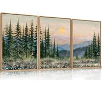 TOARTi Boho Sunset Forest Framed Canvas Wall Art Set,Colorful Nature Landscape Green Pine Tree Wall Decor, Modern Watercolor Mountain Artwork for Living Room,Bedroom,Office 12x16inchx3