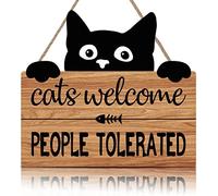 TOARTi Cat Sign,Black Cat Welcome Wood Plaque for Home Decor,Funny Cat Quote “Cats Welcome, People Tolerated” Door Hanging Decor,Pet Cat Lover Gifts for Outdoor Kitty Kitten Wall Art Pediment Pet Shop