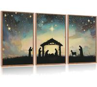 TOARTi Christian Nativity Scene Framed Canvas Wall Art,Abstract Joseph Mary and Baby Jesus Artwork Prints,Large Religious Holy Star Chritmas Winter Decor for Home Office Bedroom 12x16inchx3