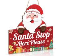 TOARTi Christmas Welcome Sign for Front Door, Santa Stop Here Please 12 x 11” Wooden Outdoor Christmas Porch Decor Farmhouse Sign Christmas Welcome Door Sign Hanging for Home House Wall Decorations
