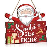 TOARTi Christmas Welcome Sign for Front Door - Santa Stop Here Please 12 x 11" Wooden Outdoor Porch Decor Farmhouse Sign Hanging for Home House Wall Decorations