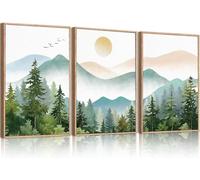 TOARTi Green Mountain Framed Canvas Wall Art,Boho Foggy Forest Wall Decor,Modern Watercolor Pine Tree Wall Painting,Nature Mountains Landscape Art Print for Living Room,Bedroom,Office 12x16inchx3