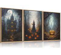 TOARTi Halloween Moon Castle Framed Canvas Wall Art Set, Scary Dark Forest Witch Wall Decor, Cute Ghost Wall Painting, Pumpkin and Bats Art Prints for Gothic Party, Living Room, Club 12x16inchx3
