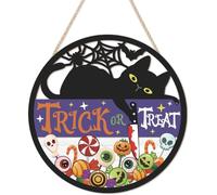 TOARTi Halloween Trick Or Treat Cat Sign Colorful Candy Eyes Decorations(11”x11”) Black Cat Spooky Witch Halloween Door Decor Gothic Pumpkin Wreath Vintage Trunk Or Treat Kits Banner for Home Outdoor