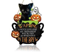 TOARTi Halloween Wood Sign - Witch Lives Here,Black Cat Happy Halloween Door Wall Hanging Sign Pumpkin Ghost Wooden Decorations for Home School Decor,11.5 x 9 inch