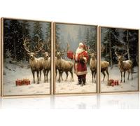 TOARTi Happy Christmas Framed Canvas Wall Art Christmas Night Snowy Landscape Wall Decor Santa Claus and Reindeer Holiday Winter Wall Painting Xmas Art Prints for Living Room Bedroom 12x16inchx3