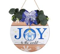 TOARTi Joy Nativity Merry Christmas Sign Hanging Joy to The World Christmas Wooden Decor Jesus Xmas with Bow Winter Holiday Wreaths for Front Door Winter Porch Sign Rustic Xmas Decorations 12inch