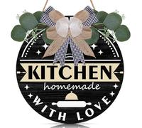 TOARTi Kitchen sign,Home with love Wall art Rustic Wood Sign Round Wood Hanging Decor with Ribbon Bow and Artificial Green Leaves Farmhouse Style Wall Art