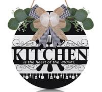 TOARTi Kitchen sign,Kitchen is the heart of the Home Wood Sign Rustic Round Wood Hanging Decor with Ribbon Bow and Artificial Green Leaves Farmhouse Style Wall Art