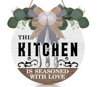TOARTi Kitchen Wall Art,THIS KITCHEN IS SEASONED WITH LOVE Sign Rustic Wood Sign Round Wood Hanging Decor with Ribbon Bow and Artificial Green Leaves Farmhouse Style Wall Art