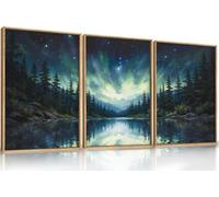 TOARTi Northern Lights Forest Lake Framed Canvas Wall Art Set,Aurora Borealis Mountain Wall Decor,Night Sky Reflective Water Artwork,Wilderness Landscape Prints for Living Room,Office- 16"x24"x3