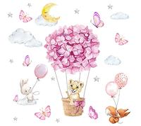 TOARTI Pack of 52 Wall Stickers for Children's Room, Pink Wall Stickers, Animals, Hot Air Balloon, Flowers Wall Decoration, DIY Fox Rabbit Baby Room Wall Picture Girls Boy Bedroom Wall Decoration